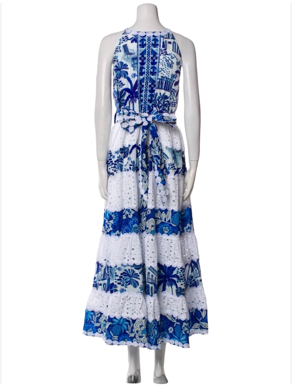 FARM Rio Blue & White Printed Halter Eyelet Maxi Dress